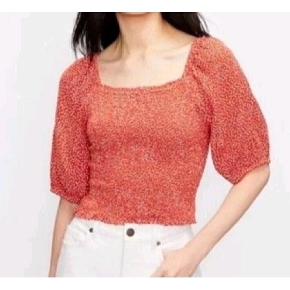 LOFT Smocked Off Shoulder Crop Blouse Sz Large Orange Polka Dot Puff Sleeve New